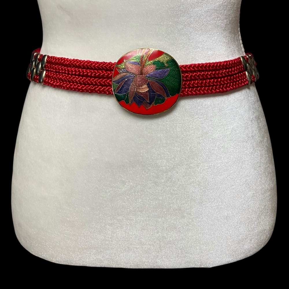 Vintage Yen China House Braided Rope Enamel Buckle Red